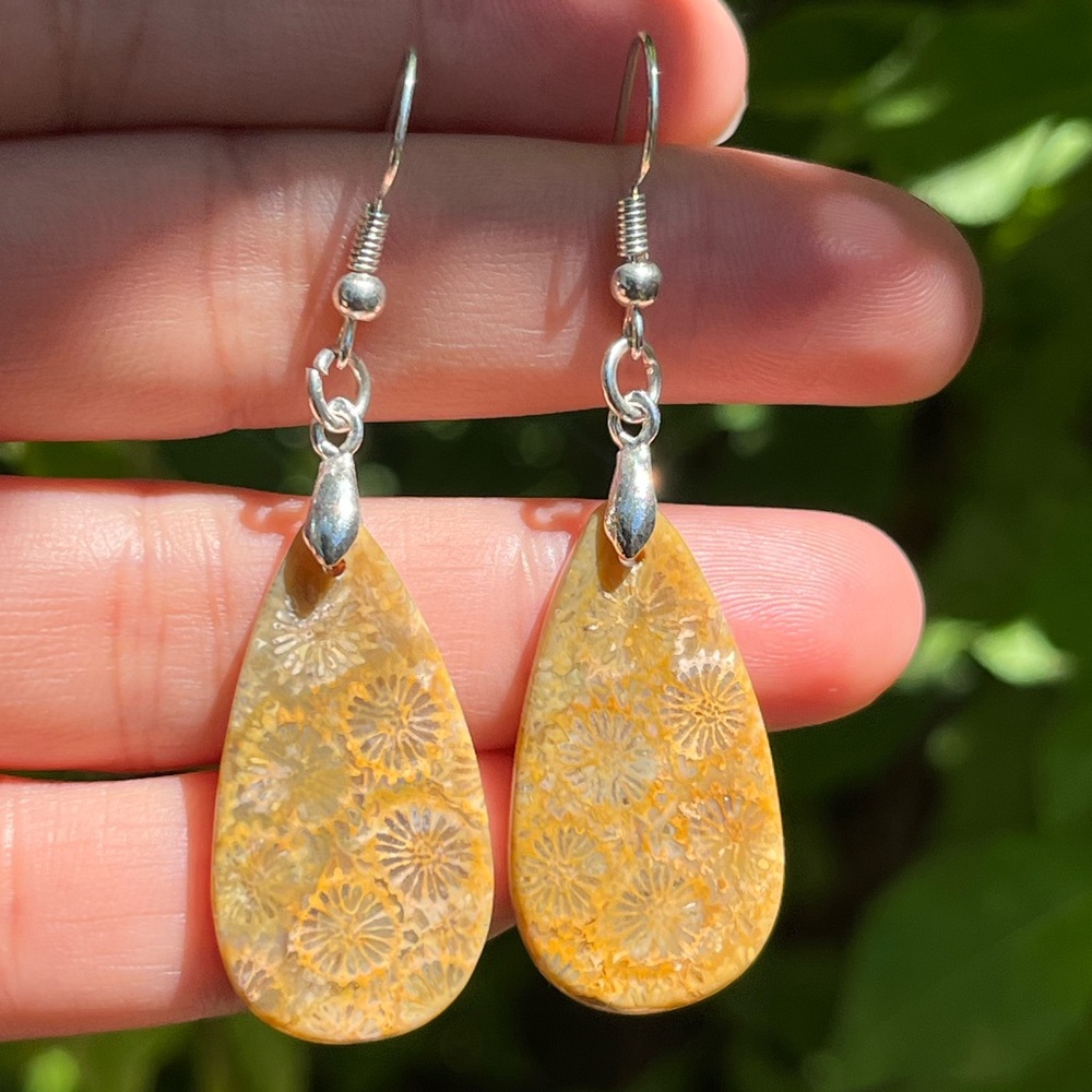 925 silver plated coral jade drop earrings